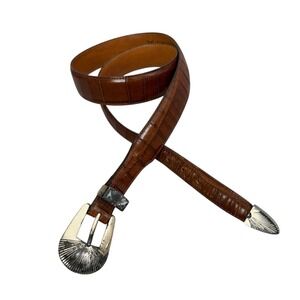 Brighton Onyx Leather Belt Mens Size 36 Brown Silver Buckle Croc Emboss Western